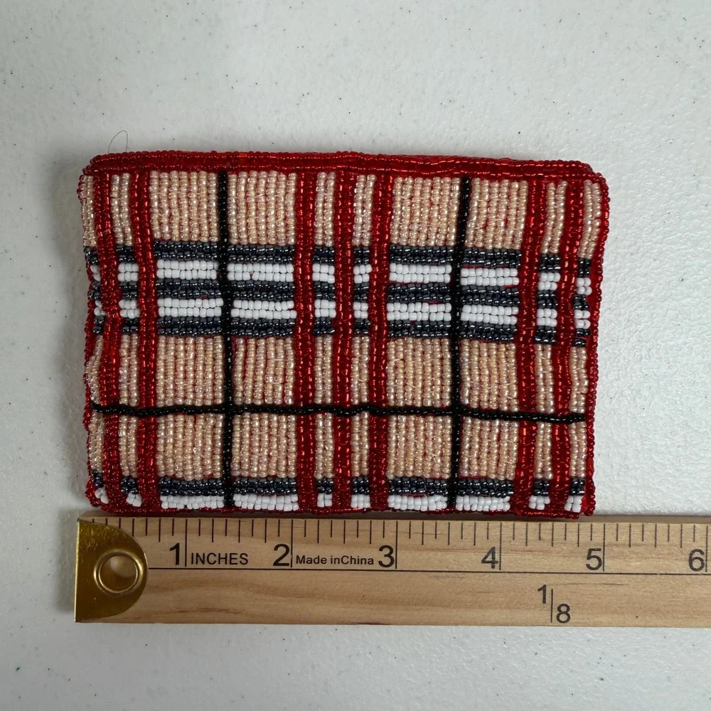 Vintage Coin Purse Plaid Beaded Red Tan White Black Zippered Card ID Pouch